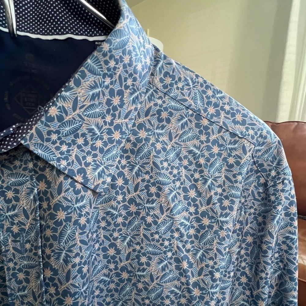 CON.STRUCT MEN'S DRESS SHIRT - 4 way stretch hibiscus leaves blue button down XL - Picture 2 of 9